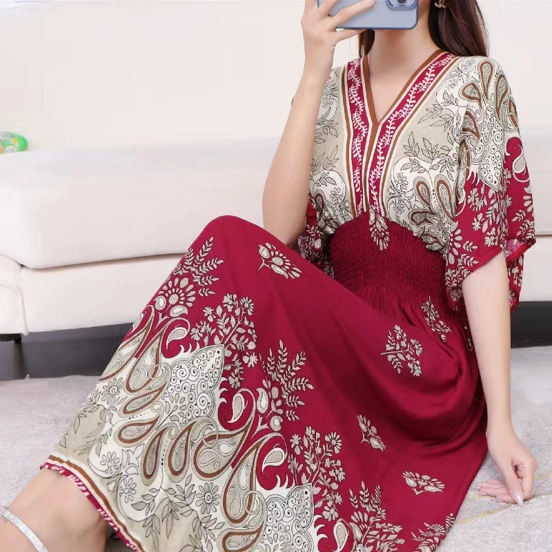 Summer New Casual Elegant Retro Bohemian Style V-neck Elastic Waist Large Swing Printed Long Skirt Autumn Summer Dress
