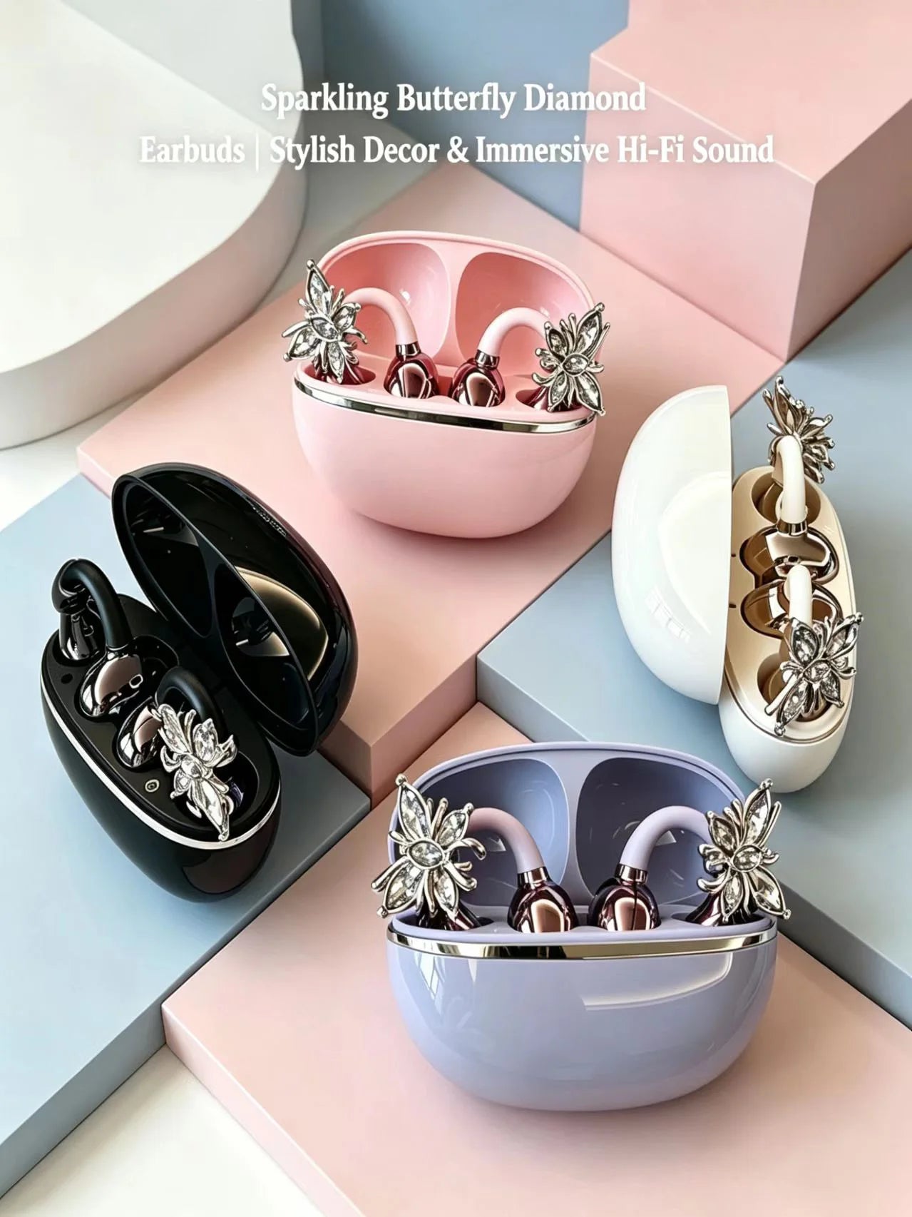 Universal Open Hook Bluetooth Headphones HD Noise Reduction Call Wireless Earphones , Come with Extra Crystal Diamond Butterfly