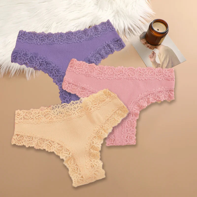 Women Cotton Panties Set 3 Pieces Floral Lace Patchwork Briefs Breathable Soft Underwear Size S XL