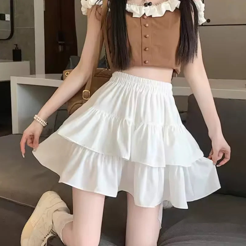 Ruffled Cake Skirts for Women High-waisted A-line Solid All-match Sweet Lovely Girls Korean Style Gentle Spring Kawaii Casual