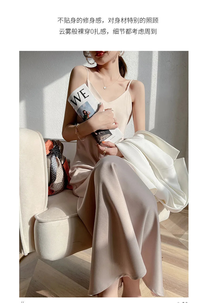Sexy Solid Color Camisole Nightgown for Women Midi Length Sleeveless Slip Dress Inner Layer Base Dress Home Sleepwear Nightwear