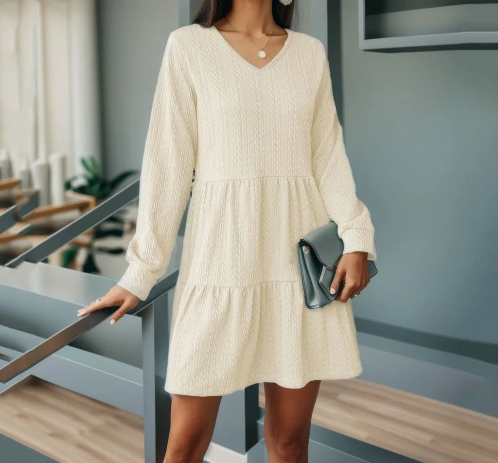 Women's autumn fashion V-neck solid color stitching long sleeve loose dress