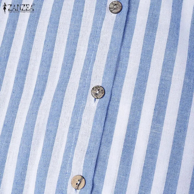 Summer Casual Short Sleeve Striped Midi Dress Women Turn-Down Collar Ruffled Hem Dresses ZANZEA Everyday Wear A-Line Vestidos