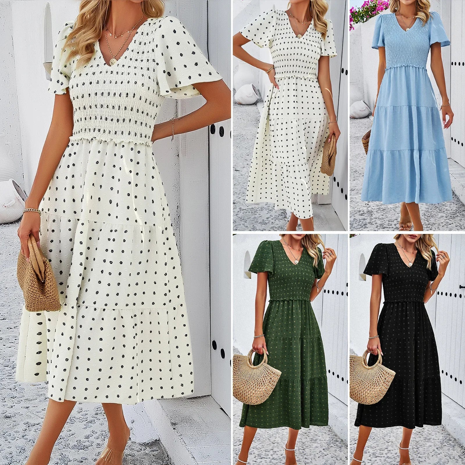 Summer Women's Casual Polka Dot Long Dress Vacation Boho Short Sleeve Solid V-neck Beach Sundress Elastic Waist Midi Dresses