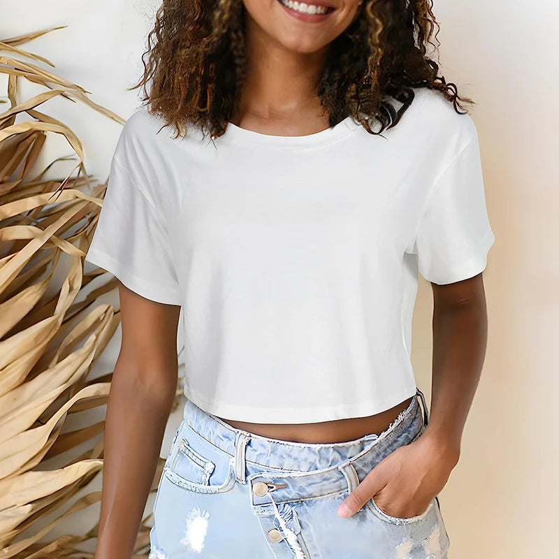 Harajuku Shirt Funny Y2K Women's Crop Tops Casual Female White Crop Tops T-shirt Round Neck Short Loose Tees Summer Streetwear