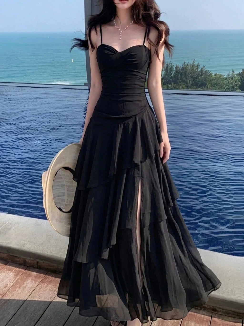 Women Summer Elegant Ruffles Spaghetti Strap Long Dresses Fashion Chic Slim Fit Birthday Cocktail Party Dress Female New Robe