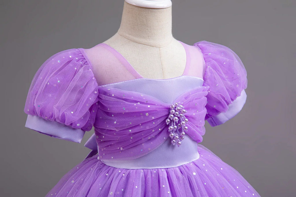 HETISO Pearls Bowknot Kids Girls Dresses Summer Tulle Vintage Elegant Princess Party Gown Children's Gift