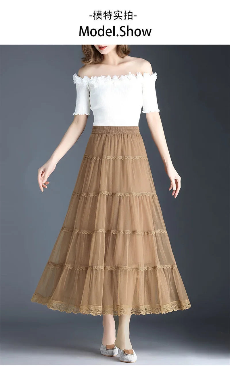 Pop Pop Long Tulle Skirt Women 2024 Spring Summer Elastic High Waist A-Line Mesh Pleated Puffy Skirt Female Elegant Lace Midi Sk