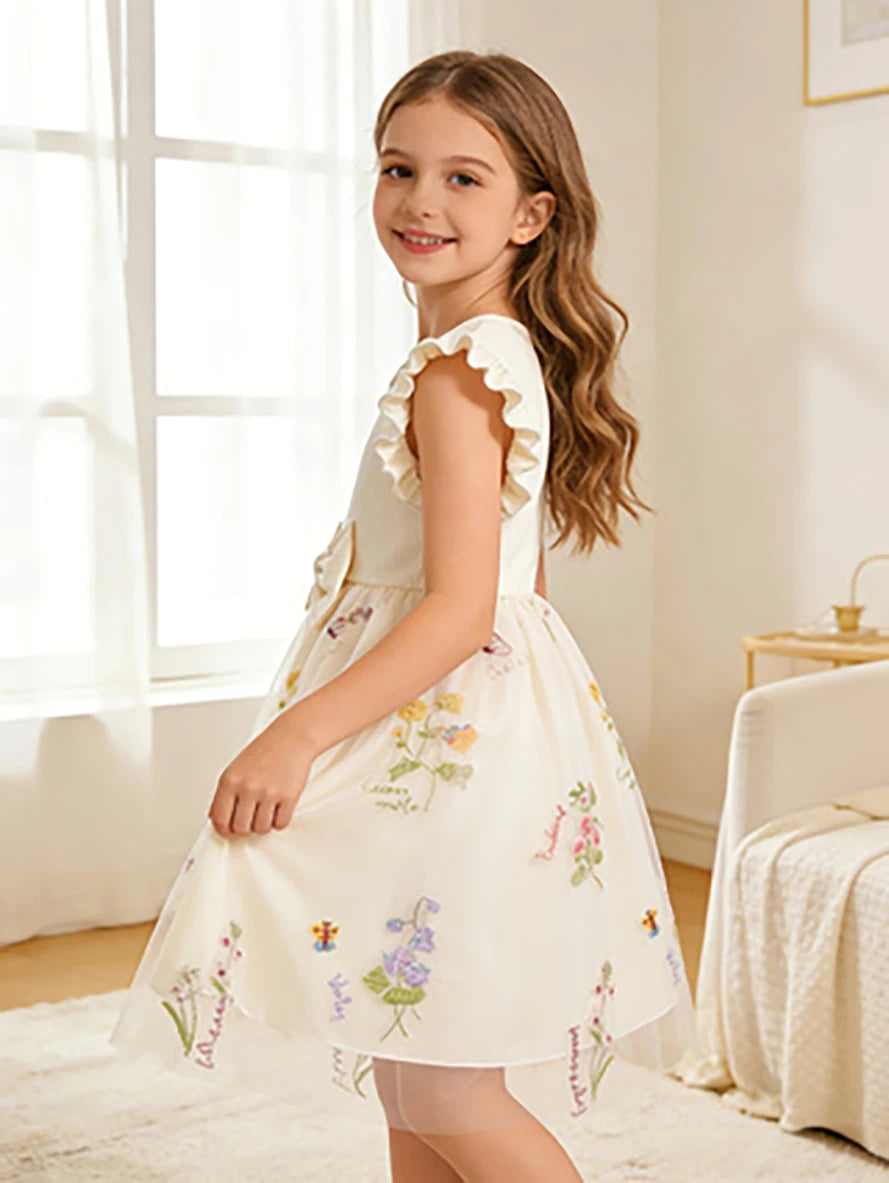 Girls' Off-White Floral Tulle Princess Dress, Summer Flutter Sleeve Dress with Big Bow