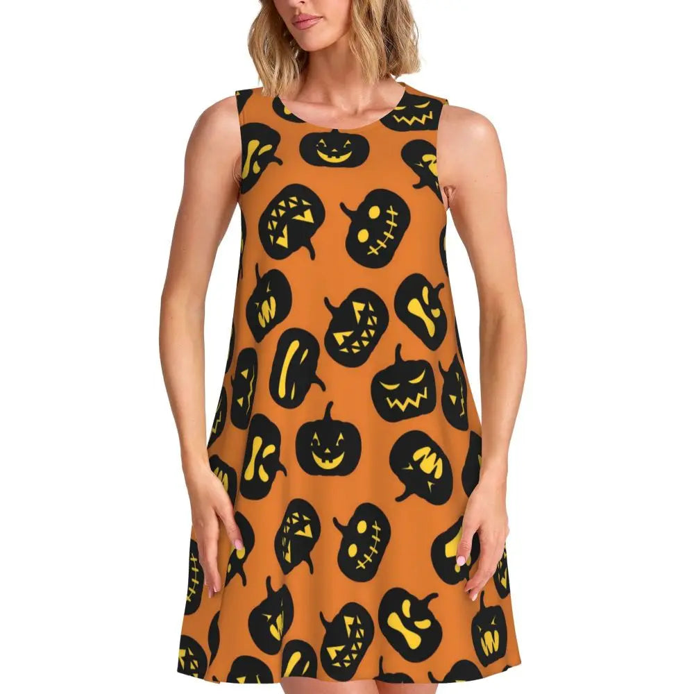 Happy Haunts Tank Dress Halloween Pumpkin Aesthetic Dresses Sleeveless Cute Dress Hot Sale O Neck Ladies Printed Clothing
