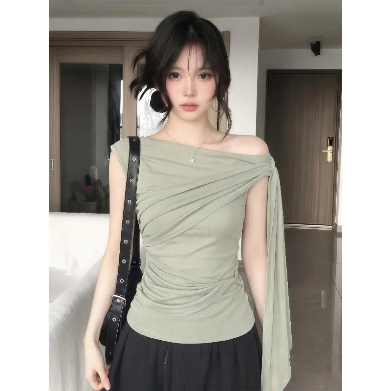 Elegant plus Size Women's T-Shirt Shoulder Bared Slim Fit Summer New Style Korean Version Commute Style Short Sleeve Top
