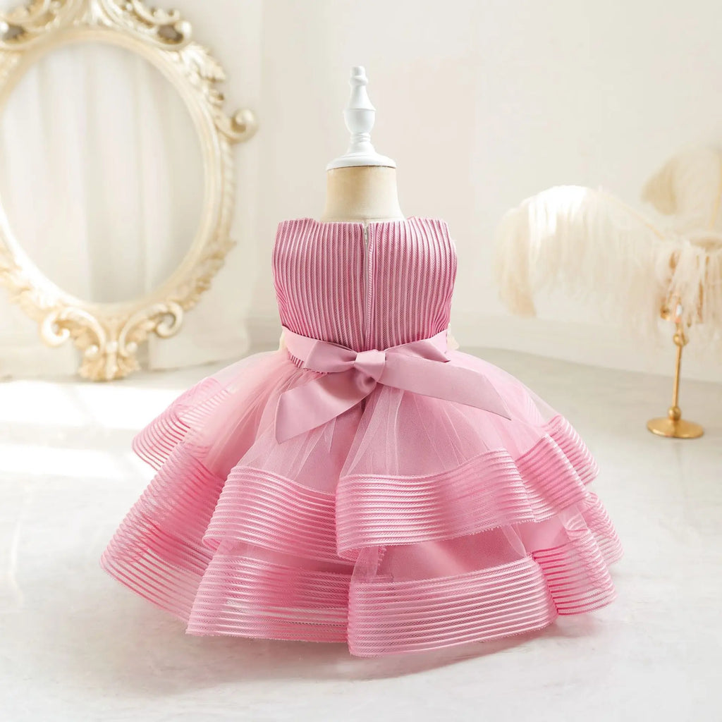 HETISO Girl Kid's Dress Flower Mesh Layered Striped Sleeveless Toddler Baby Party Gown for Girls 1-4 Years