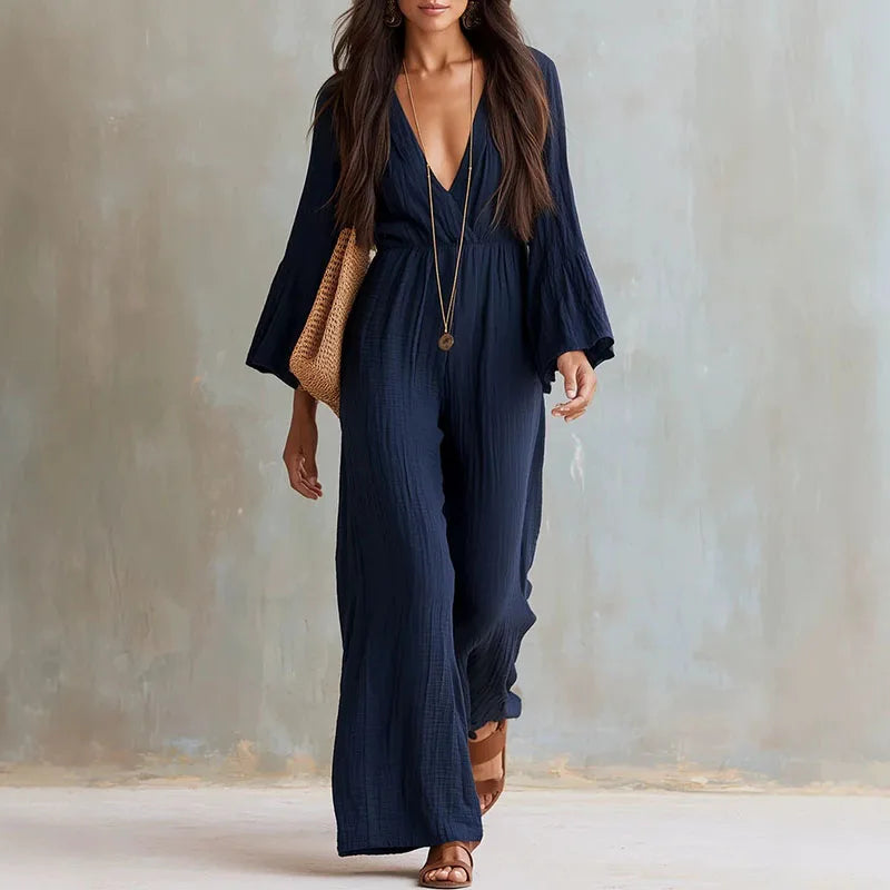 Women Solid Crinkle Jumpsuit Deep V 3/4 Flare Sleeve Elastic Waist Pocket Wide Leg Playsuit Bohemian Autumn Beach Holiday Romper