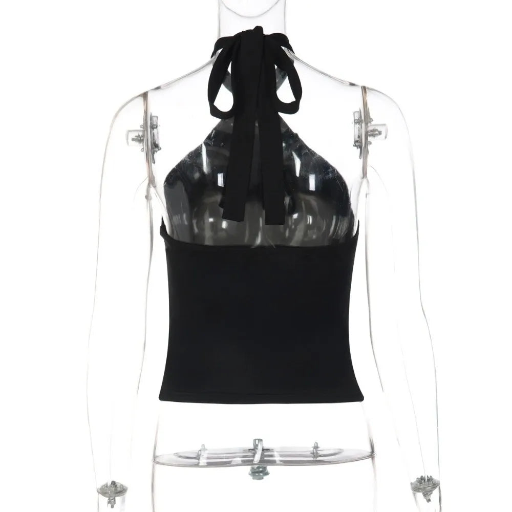 Sexy Versatile Halter Top Solid Color Camisole Style Lace Up Top Slim Fit Sleeveless Tank Top Women Summer Wear
