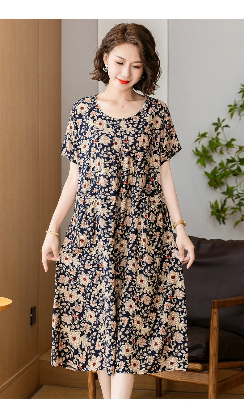 New 2025 Summer Dress Long Vintage Loose Women Elegant Sundress Dress Casual O-neck Dresses Print Plus Size
