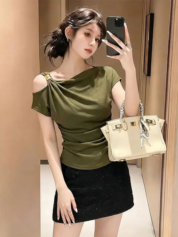 Women's Korean Style Slim Fit T-Shirt Short Sleeve Pleated Top
