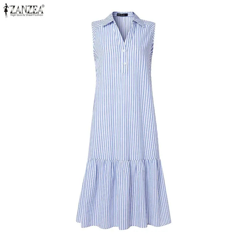 ZANZEA Elegant Women Striped Sleeveless Shirt Dress Casual Ruffle Hem Summer Holiday Button Down Office Work Midi Sundress Robe