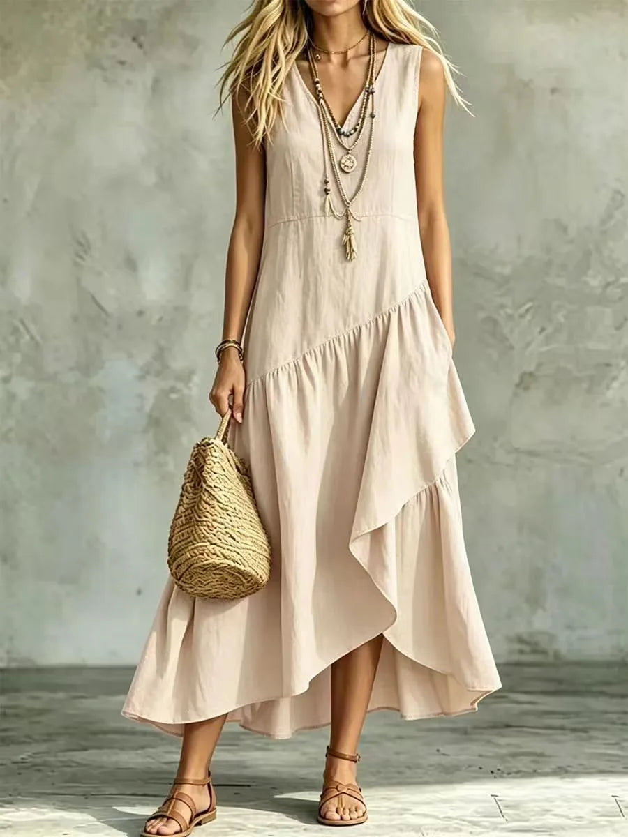 Summer 2026 New Arrival French Style Sleeveless V-Neck Asymmetrical Long Dress with Ruffle Hem Elegant Casual Tourist Wear