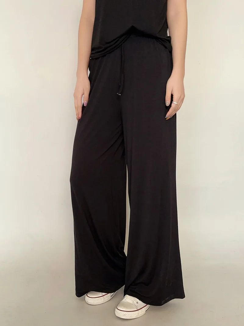 Plus size L to 6XL U-Neck Women's wide leg pants high waist Loose Long pant solid color Casual drapped trousers all match
