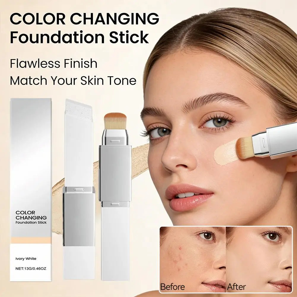 2 in 1 Color Changing Foundation Stick Smart Shade Adjusting Lightweight Creamy Formula Natural Matte Finish Buildable Coverage