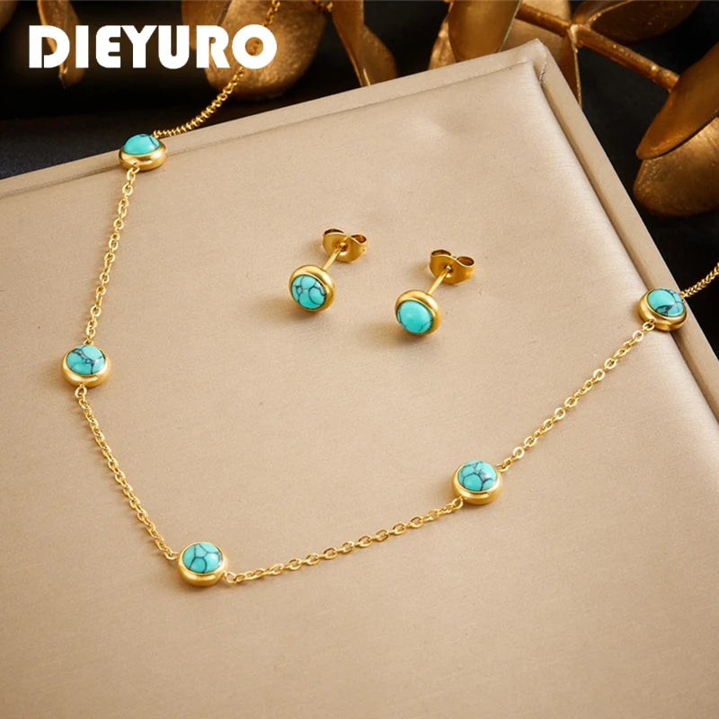 Dieyuro 316L Stainless Steel Turquoise Simplicity Necklace Earrings For Women'S 2024 New Fashion Jewelry Set Gifts