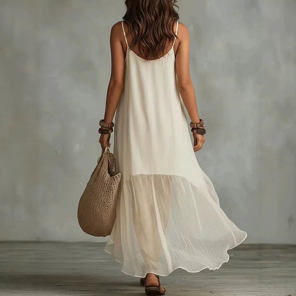 Womens Boho Solid Maxi Dress Sleeveless Spaghetti Strap High Low Ruffle Hem Flowy Dress Casual Beach Backless Asymmetrical Dress