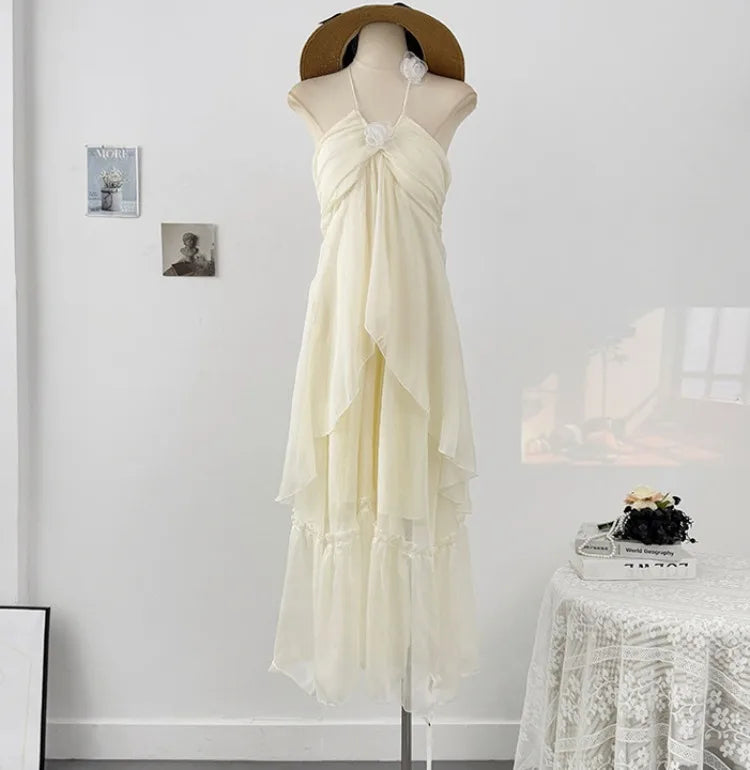 French style three-dimensional flower hanging neck lace-up dress women's summer vacation style sexy backless big swing skirt