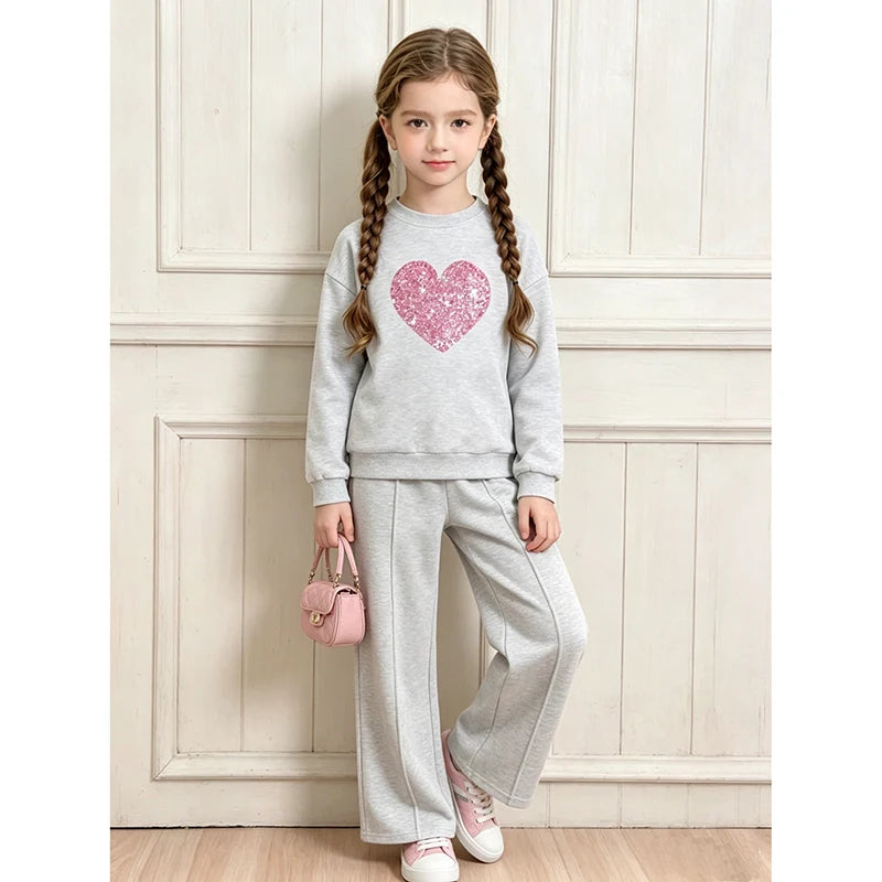 Children‘s Autumn Winter Warm Clothes Sets For Girls Solid Color Heart Print Top And Pants Daily Causal Sports Loose Lounge Wear