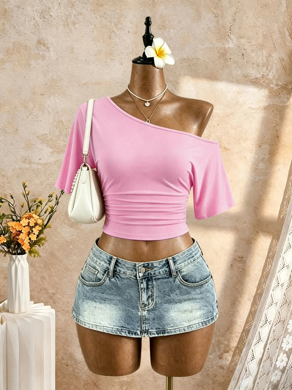 Women One Shoulder Short Sleeve T-shirt Side Ruched Waist Crop Tops Solid White Slant Off Shoulder Slim Fit Casual Streetwear Te