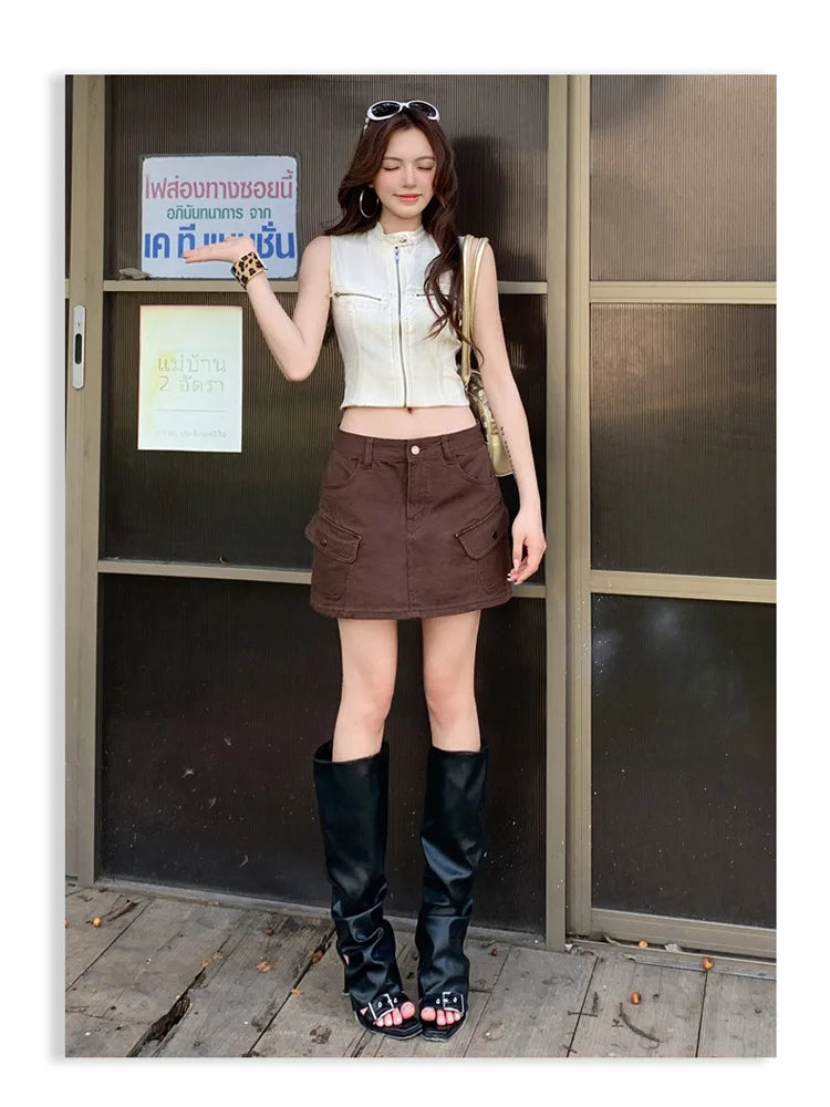 High Waist A-Line Mini Skirt Denim Skirt Women's Multi-Pocket Anti-Light Workwear Half Skirt Street Style Casual Wear