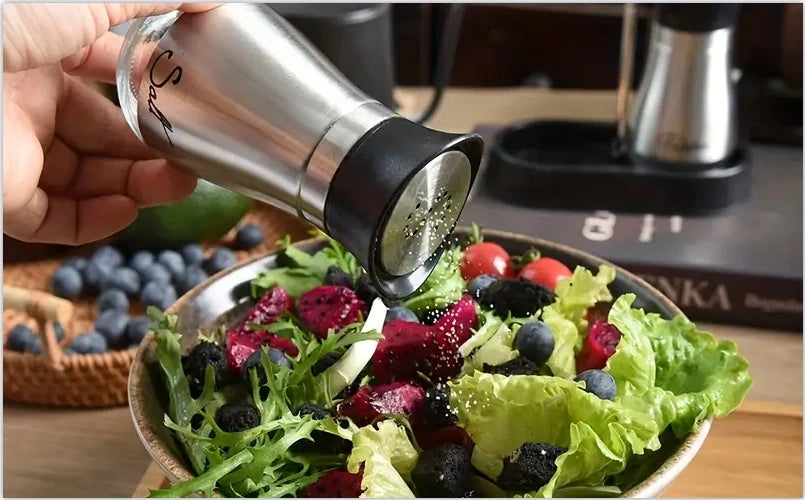 Botella de cristal para especias de cocina, juego de 2 molinillos de sal y pimienta recargables ajustables con estante, dispensador de especias con orificios para verter
