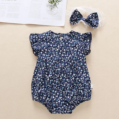 Baby Girl Sleeveless Romper and Hat Set - Cotton Print, 0-24M