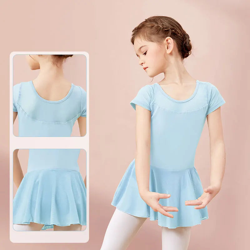 Girls Ballet Leotard Dress – Mesh Splice Short Sleeve Chiffon Skirted Dance Costume
