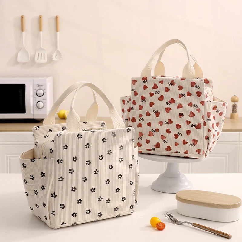 Bolsa de almuerzo de pana con aislamiento térmico, lonchera, bolso de mano, multifuncional, para niños, escuela, enfriador, bolsa de picnic, bolsa de comida