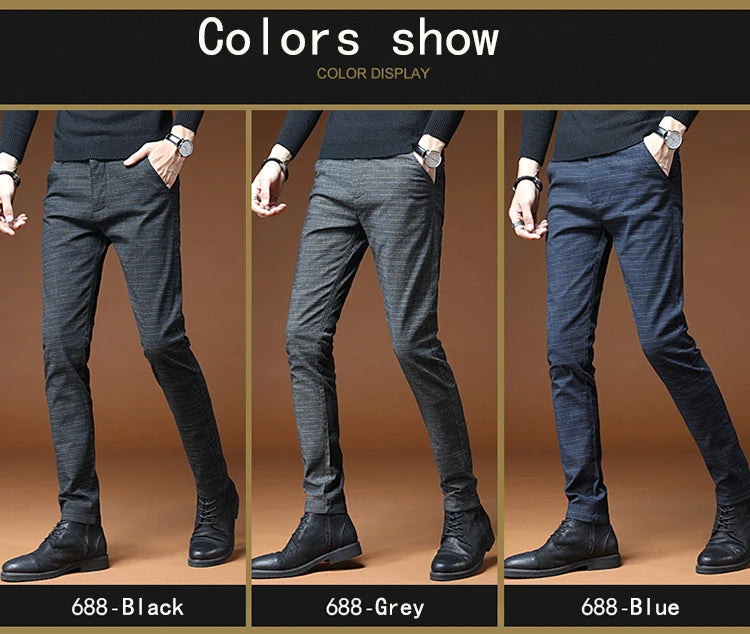 Classic Style Men's Casual Pants Fashion Striped Plaid Business Straight Slim Casual Pants Black Blue Gray Brand Men Trousers