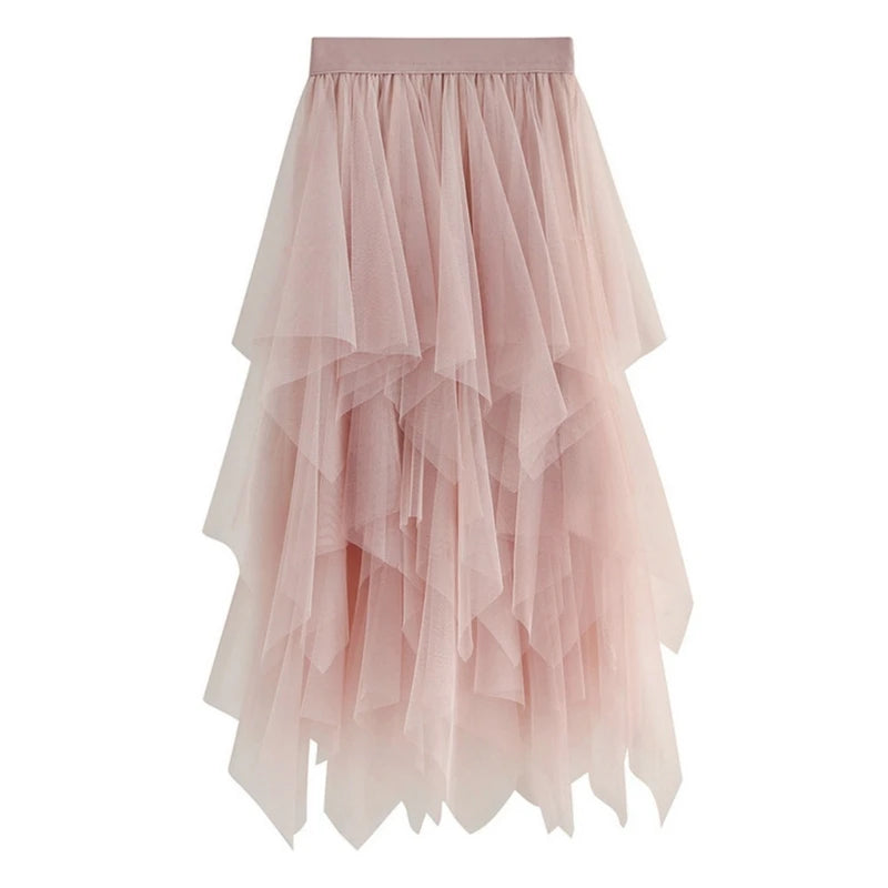 Solid Color A-Line Tulle Skirts for Women Girls Mesh Layered Skirt Summer High Elastic Waist Party Skirt Beach Club Fairy Skirts