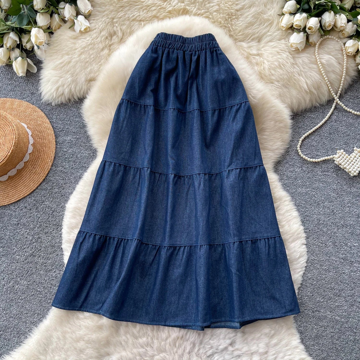Korean Style A-Line  Skirt Women's Summer Slimming Elastic Waist Denim Patchwork Skirts City Commute Universal Long Skirts