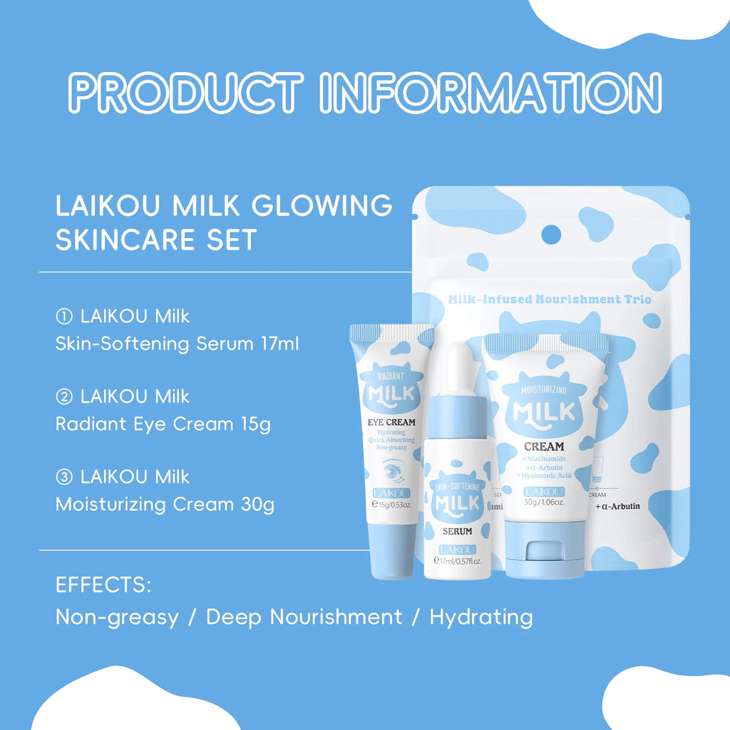 LAIKOU Milk Glowing Trio Skincare Set - Hydrating Serum & Cream Kit