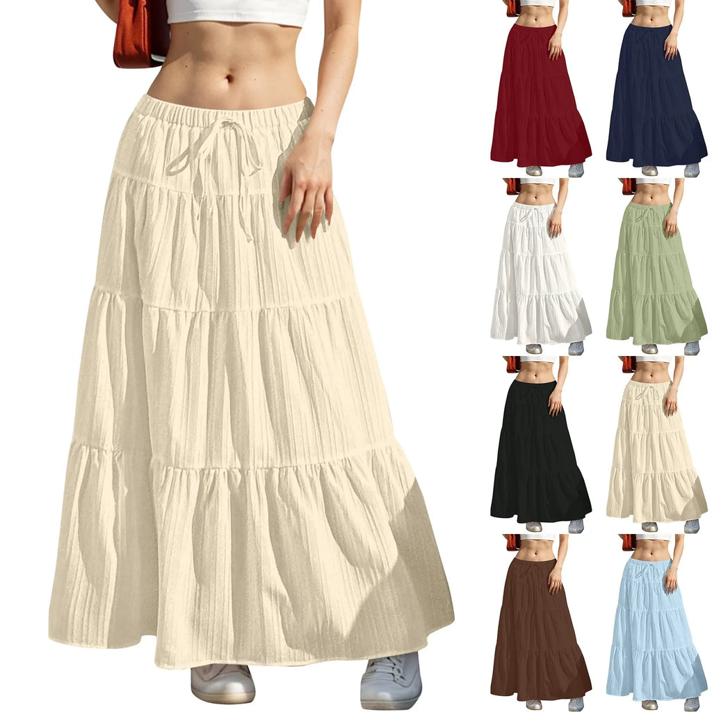 Women's Flared Ruffle Hem Maxi Skirt Fashion Women Solid Long Skirts Elastic Waist Elegant Long Skirt Spring Summer Cake Dress
