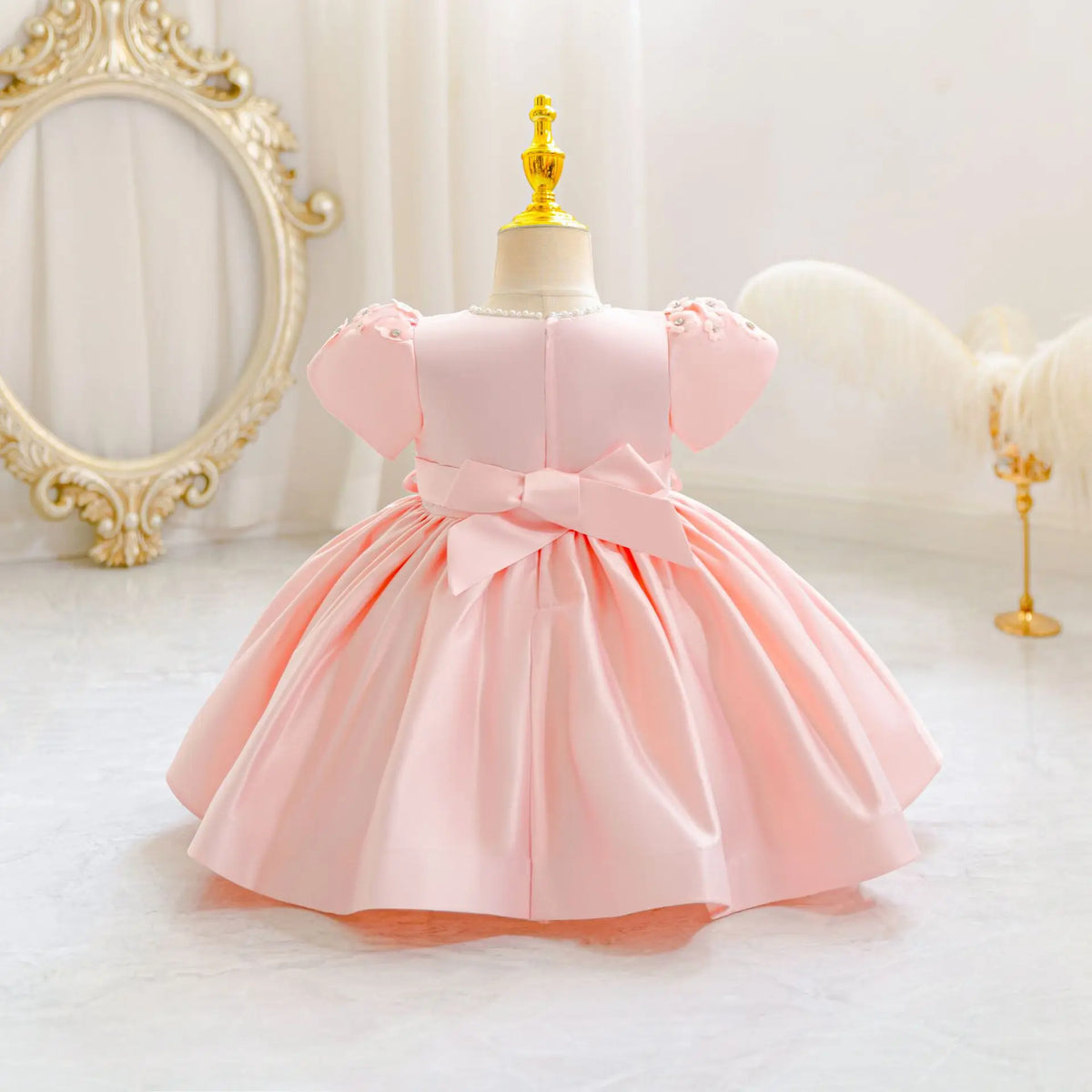HETISO Baby Girls Dress Ribbon Bow Newborn Princess Party Ball Gown Satin Pearls Kids 1 Years Birthday Wedding Costume