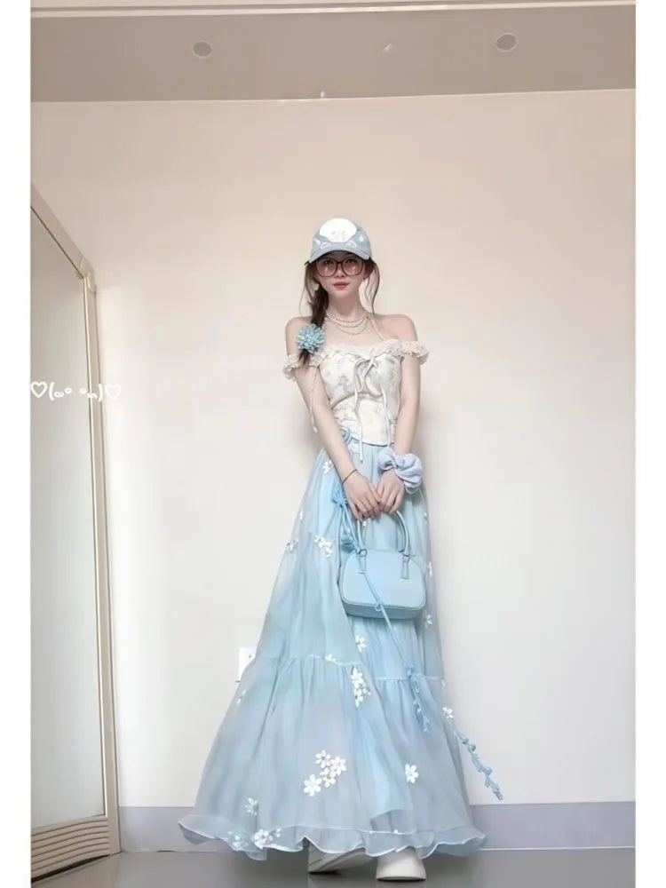New Style Wood Grain Ruffle Splice Belted Waist Design Top Half Skirt Two Piece Set Polyester Blend Summer Casual Outfit for ...