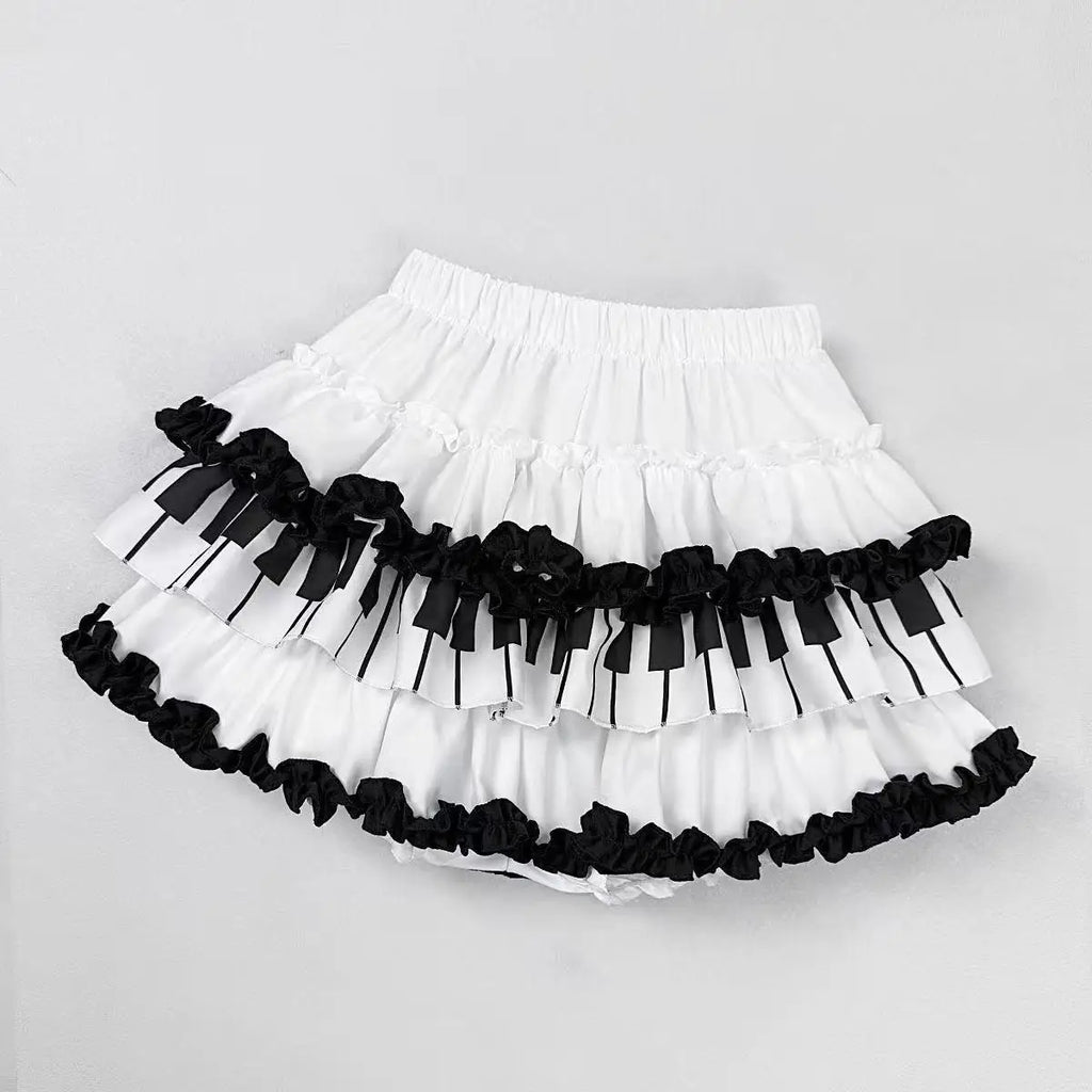 Y2K Black White Print Mini Skirt Women Slim Design Ruffle Layered A Line Skirt Elastic Waist Harajuku Pleated Short Piano Skirts