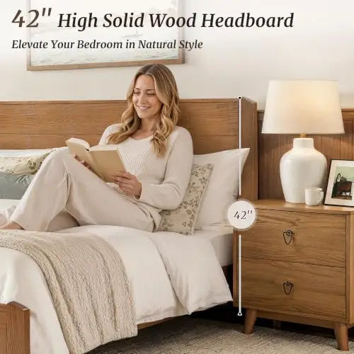 King Size Bed Frame, Mid-Century Solid Wooden Platform Bedframe with 42" High Headboard, Sturdy 800lb Heavy Duty Bed