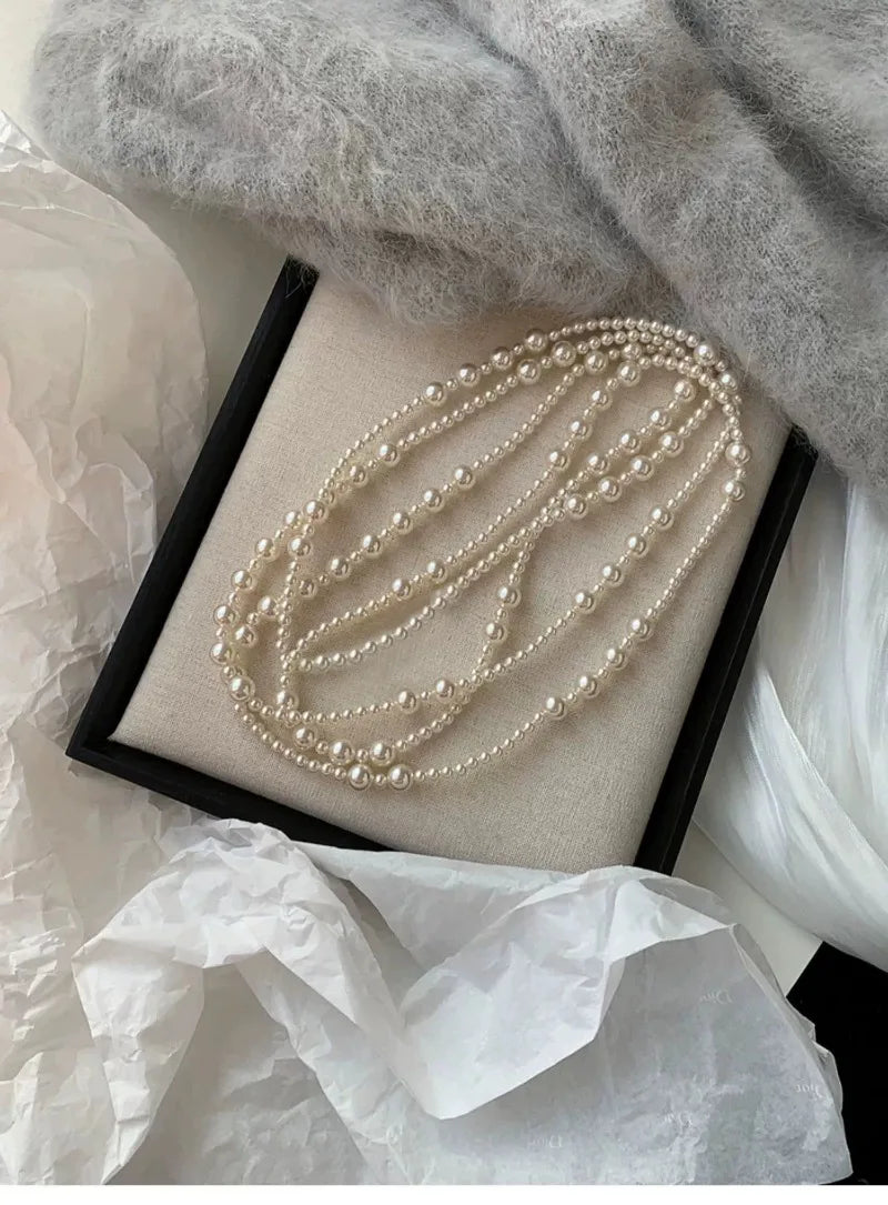Vintage Long Multi Layered Pearl Necklace for Women Elegant Sweet Collar Chain Sweater Chain Necklaces Luxury Jewelry Gifts