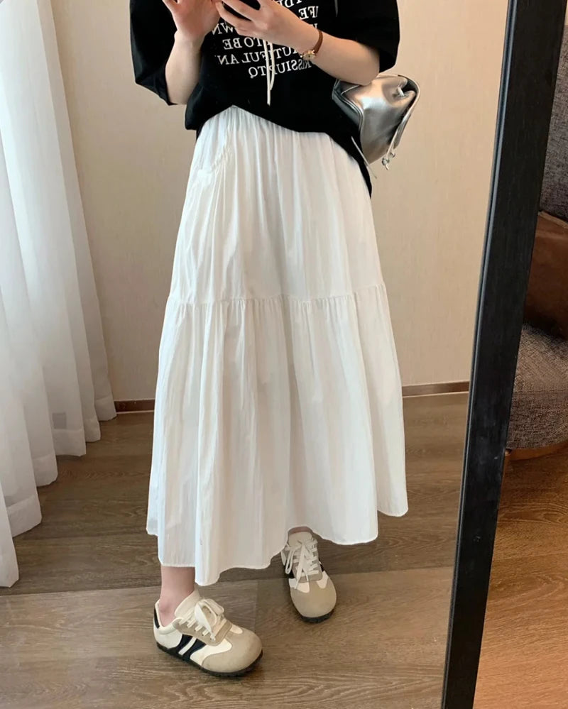 Summer Women Skirts Vintage High Waist Elastic Patchwork White Long skirt Chic pink skirt Long Cake A-line Skirt