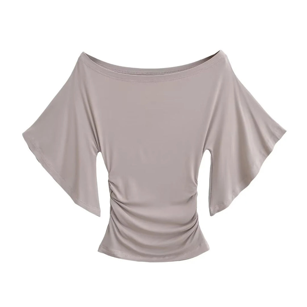 Korean style Women Summer Sexy Bat Sleeve Slash Neck Off Shoulder T-shirt Cinching Waist Solid Slim Top