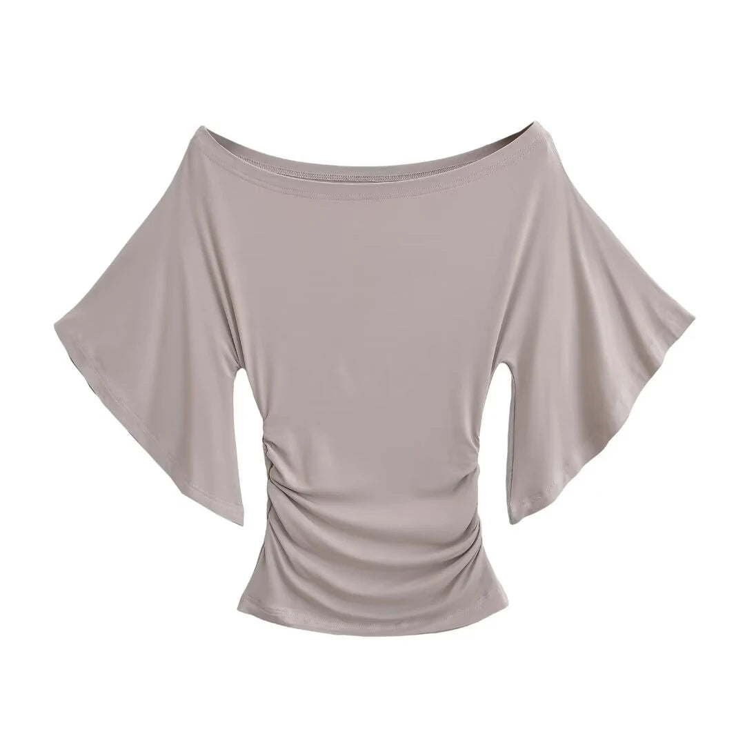 Korean style Women Summer Sexy Bat Sleeve Slash Neck Off Shoulder T-shirt Cinching Waist Solid Slim Top