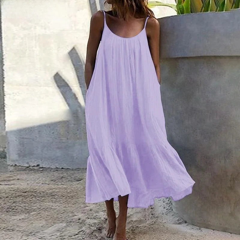 Lotus Leaf  Length Skirt Slim Shoulder High Waist Cotton Casual Style Women's Dress Fashionable Backless U-Neck Gown