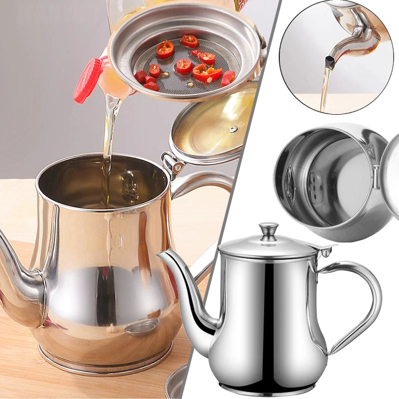 1Pcs Household Stainless Steel Oil Pot with Filter Oil Filter Pot Cooking Household Leak Proof Oil Pouring Seasoning Bottle Tool