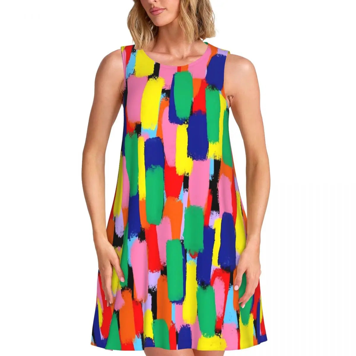 Abstract Print Tank Dress - Women's Sleeveless O-Neck Mini Dress